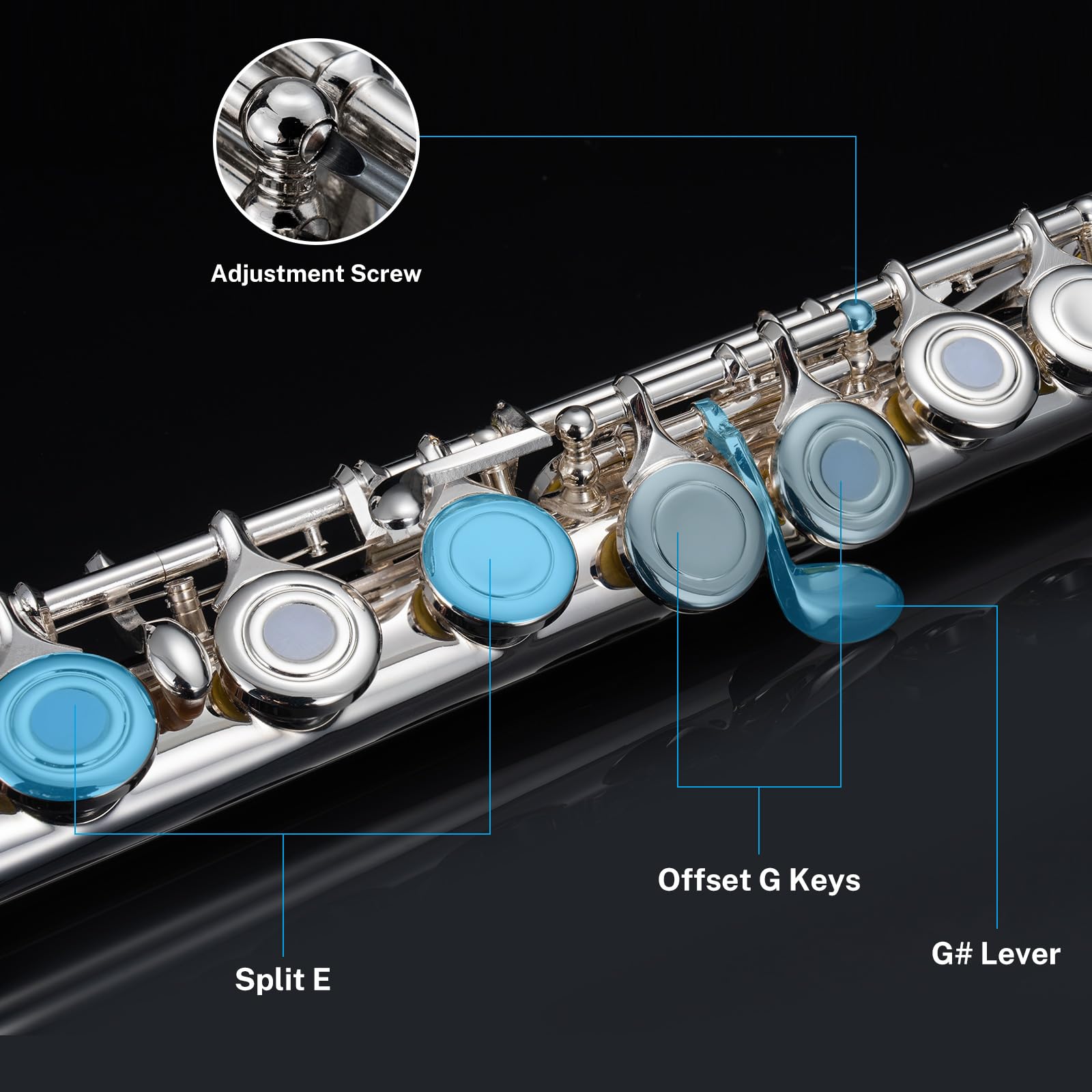 POGOLAB Open Hole C Flute, 16 Keys Student Flute Instrument for Beginner Advanced Player, with Carry Bag, Strap, Gloves, Adjustm